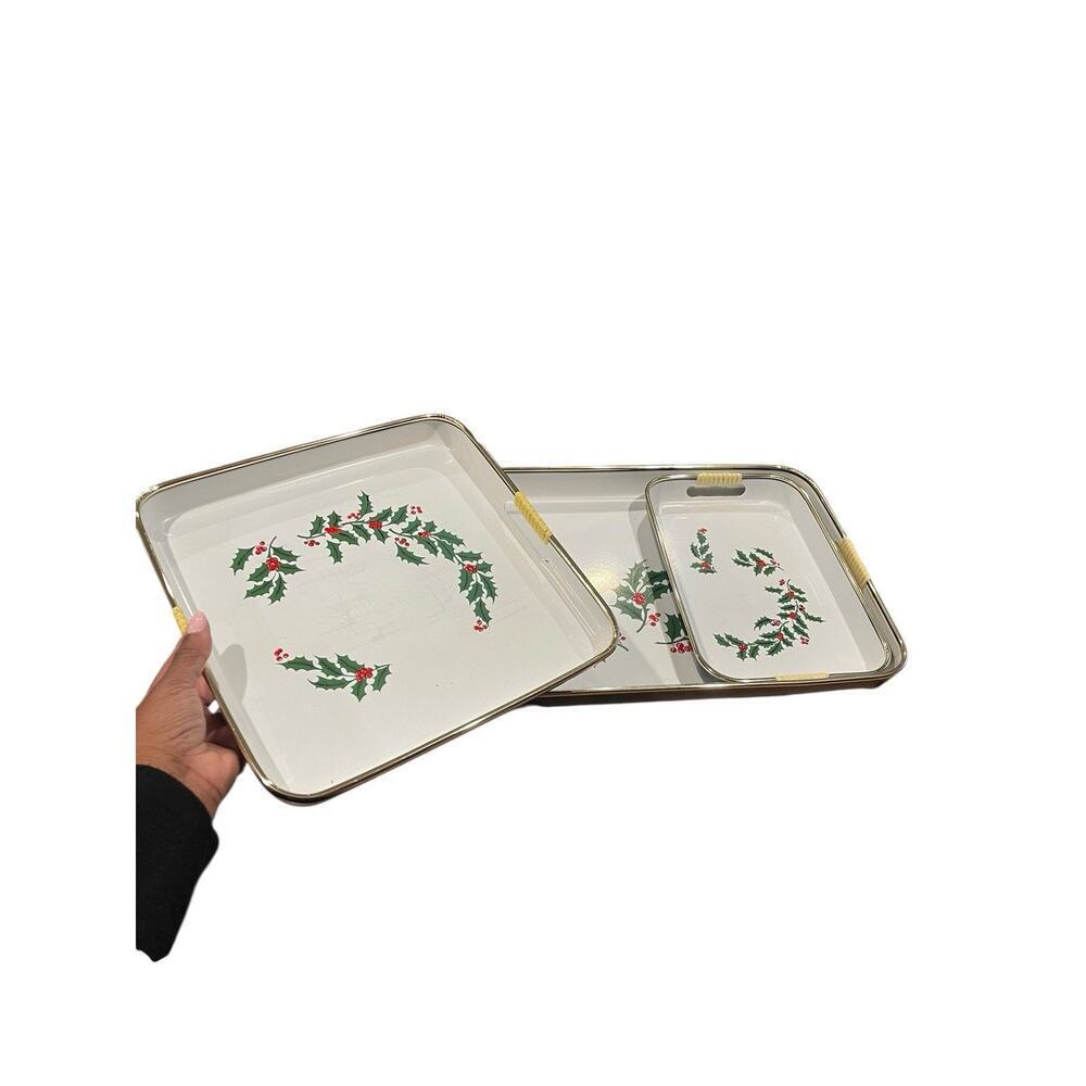 Vintage Holly Berries Serving Trays Set of 3 Nesting Holiday Trays Japanese - Picture 3 of 16